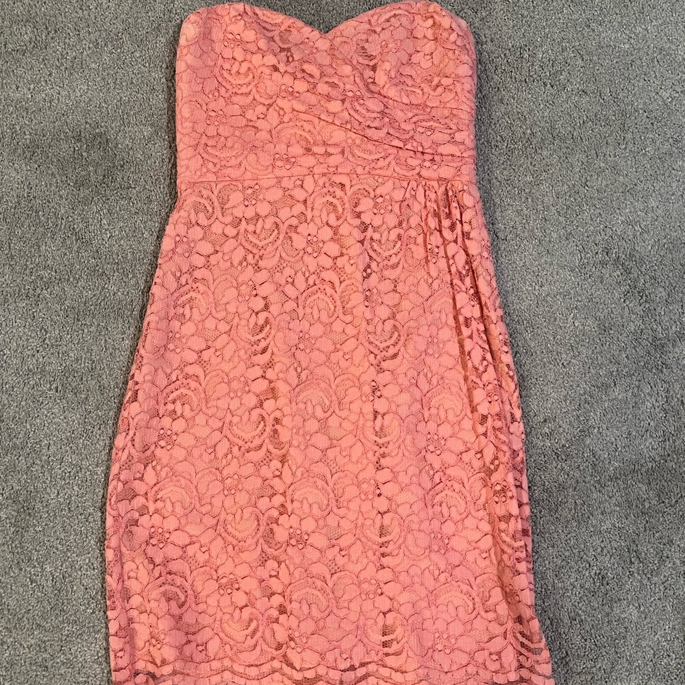 David's Bridal Strapless Lace Dress in Coral